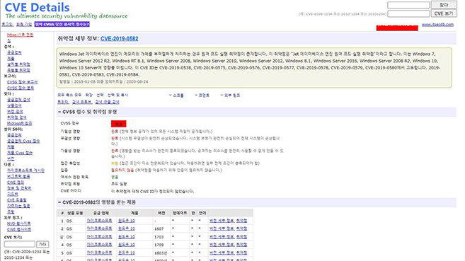 CVE 취약점 정보 화면
